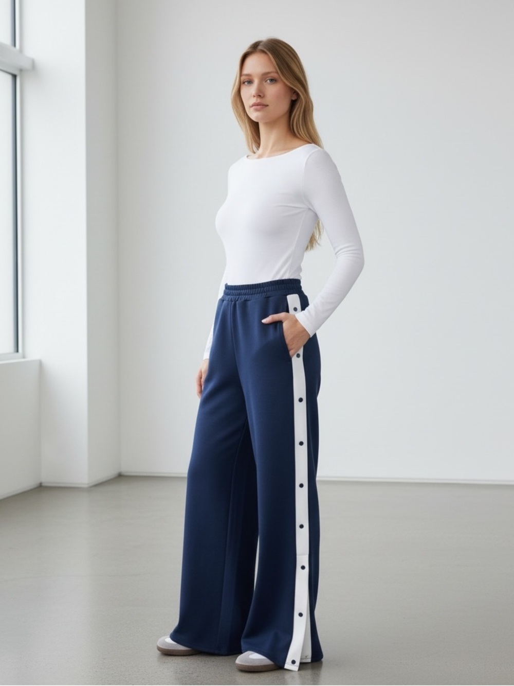 1334 • Navy Blue Buttery Soft Scuba High Waist White Contrast Snap Detail Pant